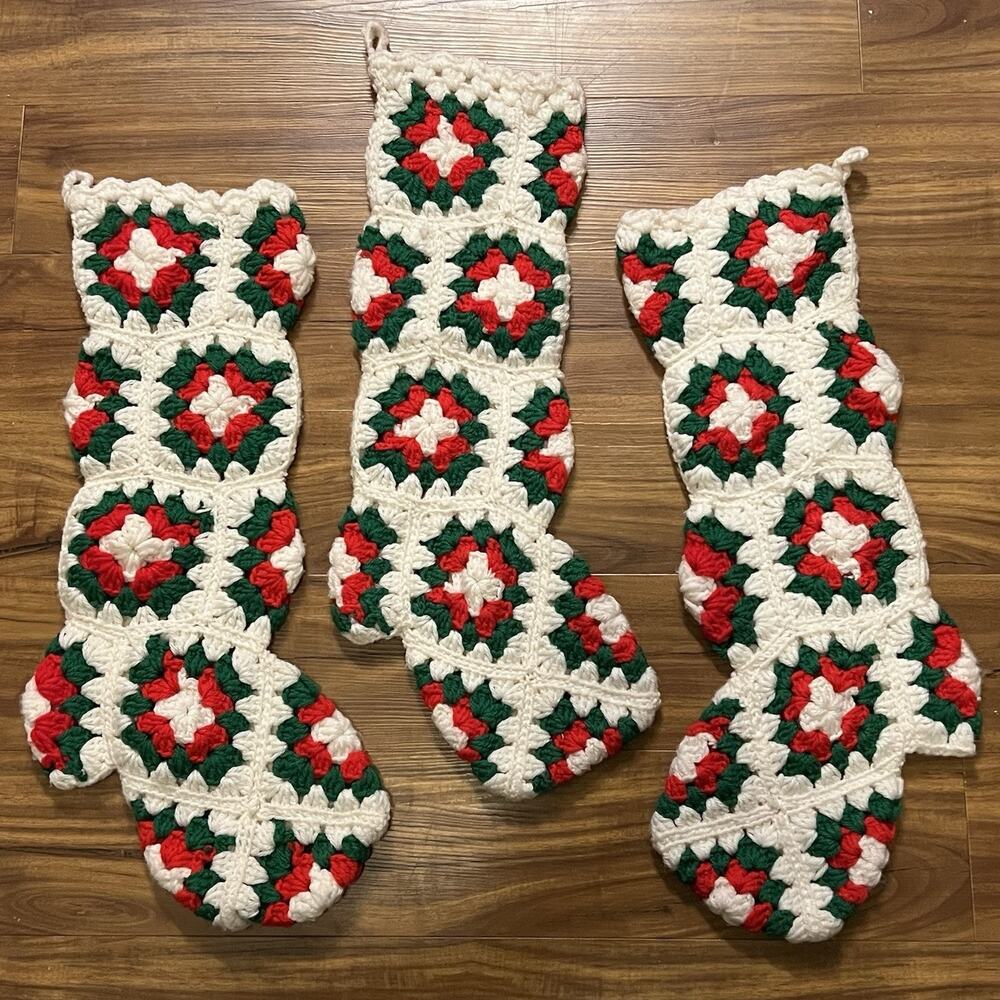 Vintage Lot of 3 Crochet Granny Square Christmas Stockings Red Green White Heels